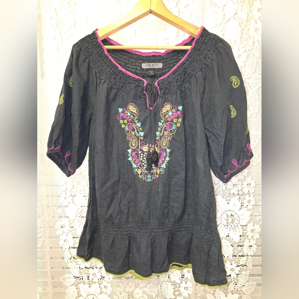 Nine West Jeans, Embroidered Navy Blouse, Boho Relaxed Fit, Womens Small
